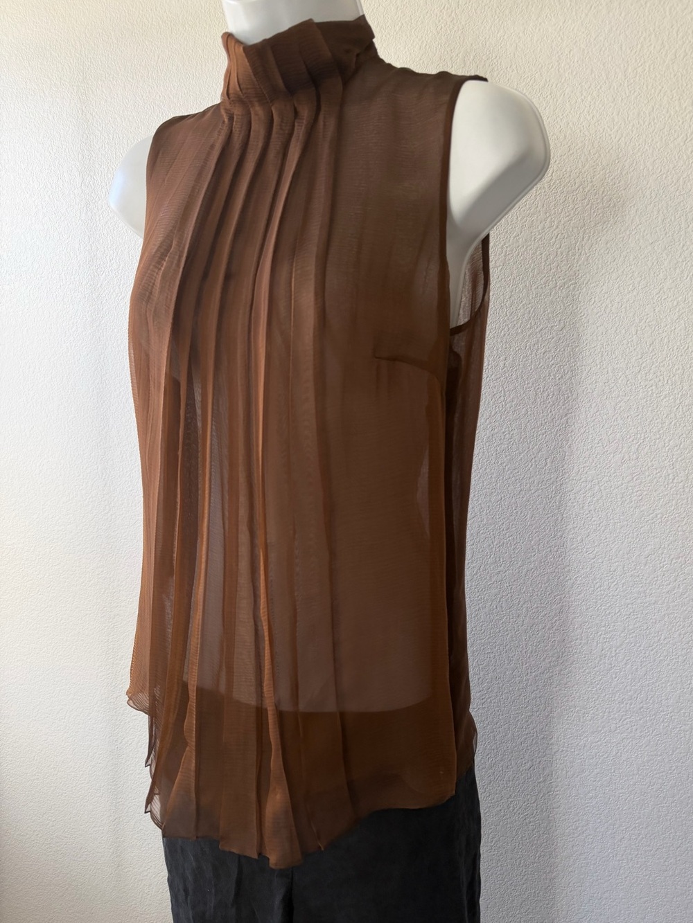AKRIS 100% Silk Chocolate Brown Pleated Blouse Size 6